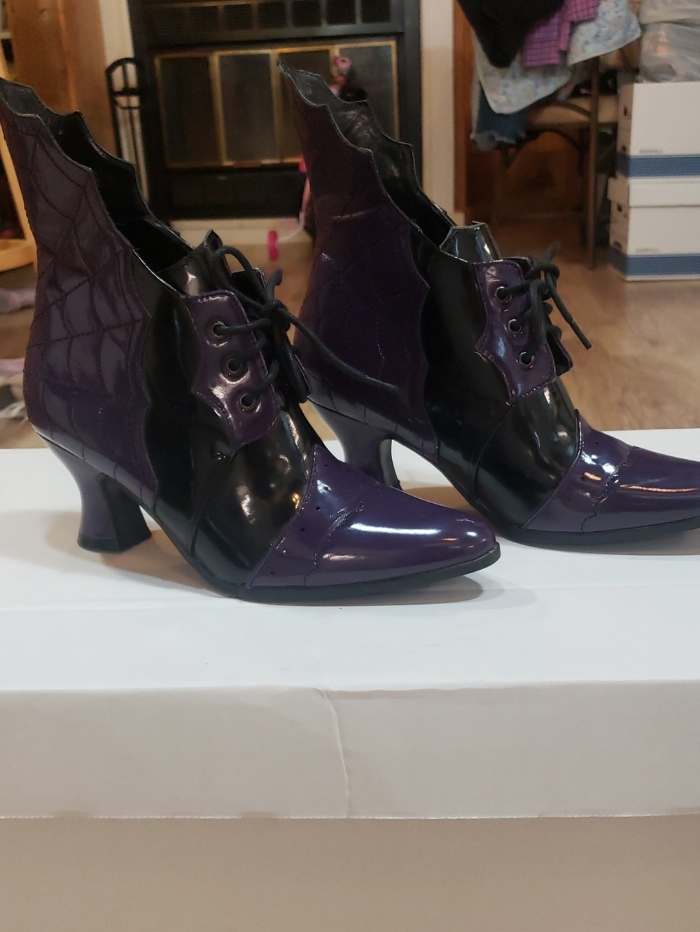 Ellie "Charlotte" Purple/Black Patent Leather Spiderweb Witch Ankle Boot 7